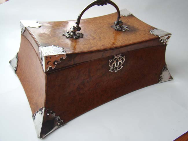 A fabulous silver mounted Art Nouveau style birds' eye maple jewelry casket circa 1890 — image 3